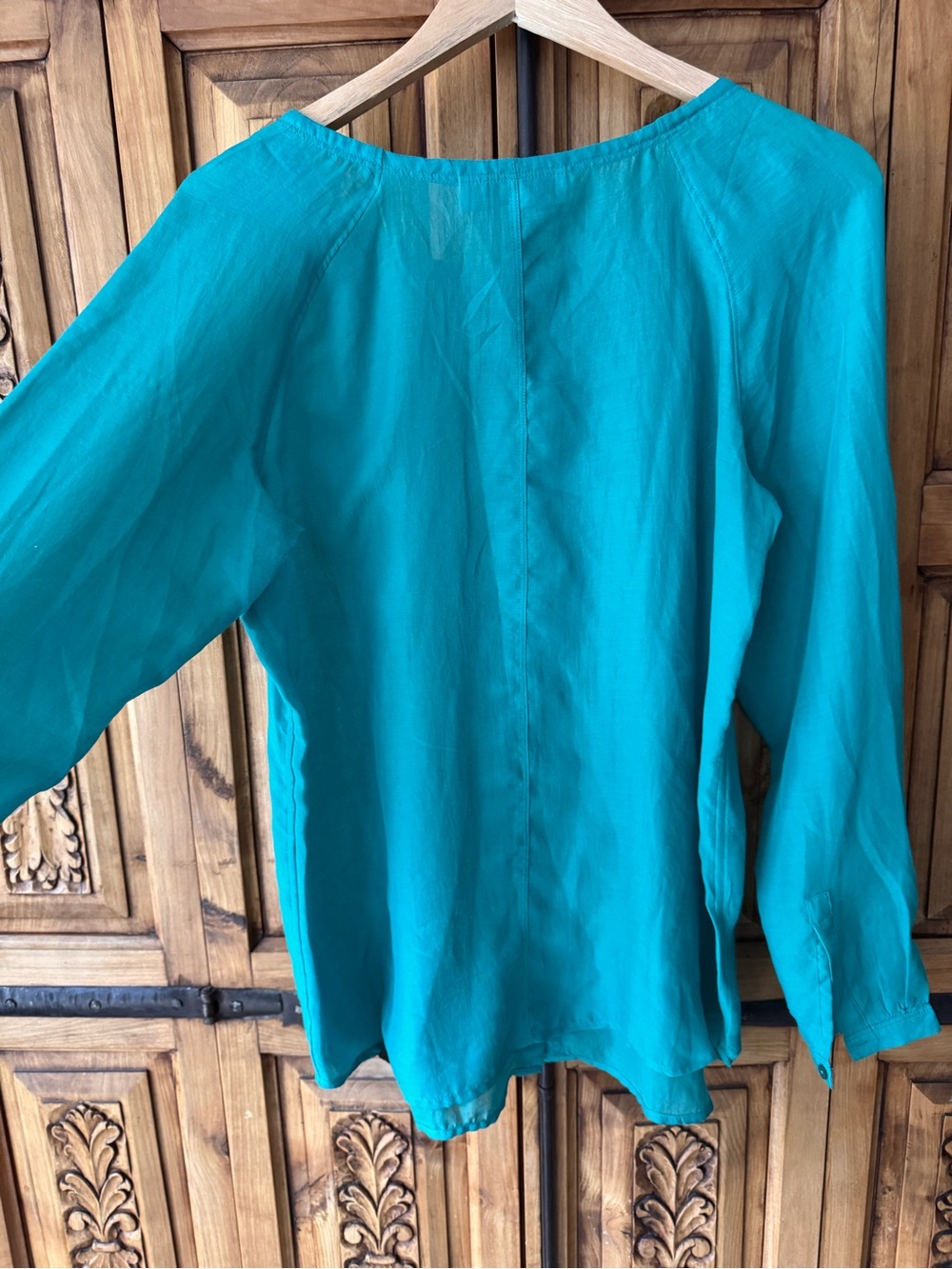 LOFT Teal Long-Sleeve Button-Front Sheer Blouse - Picture 4 of 6